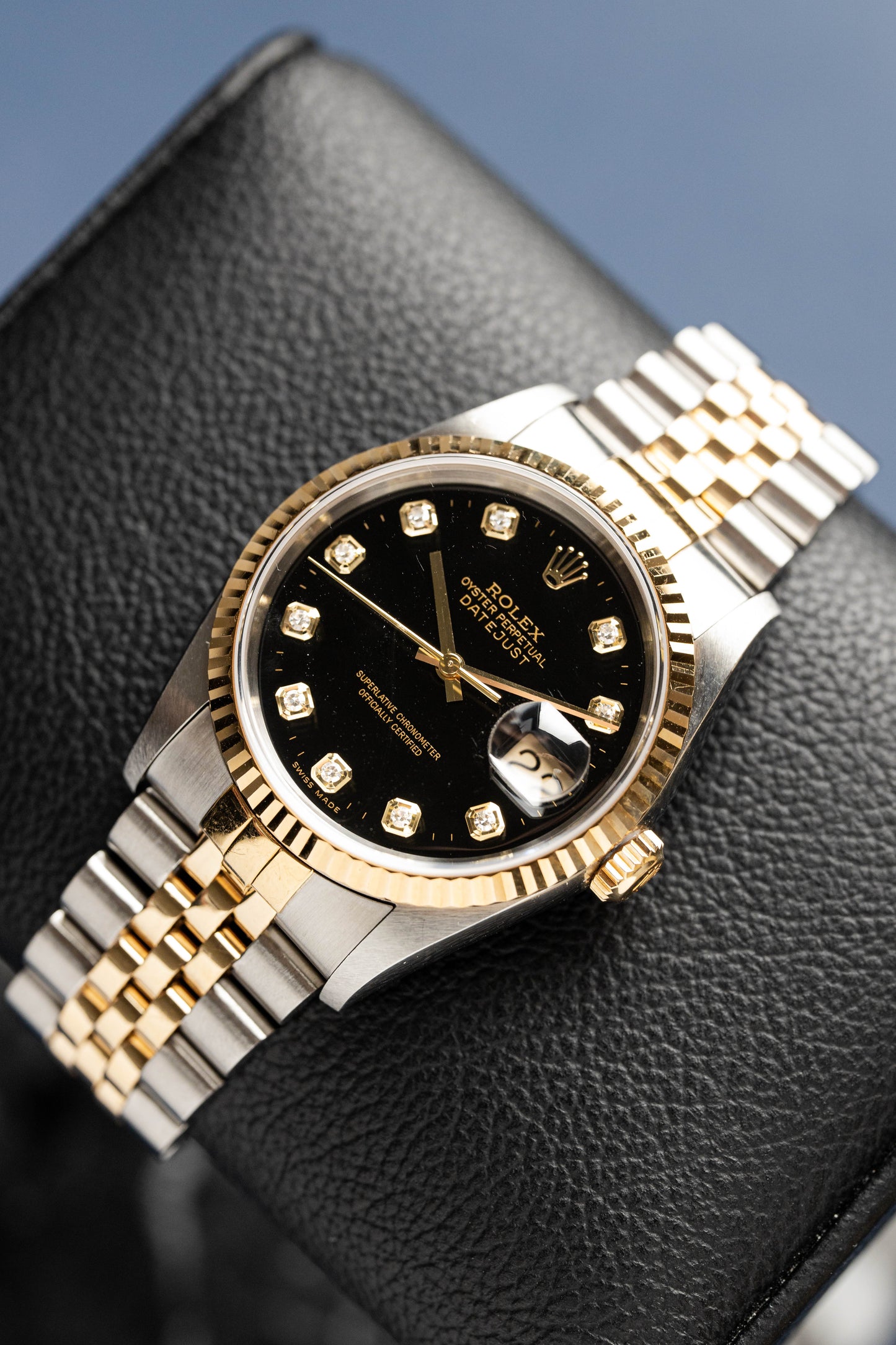 ROLEX DATEJUST 36 MOSTRADOR PRETO DIAMANTES REF: 16233 (2001)