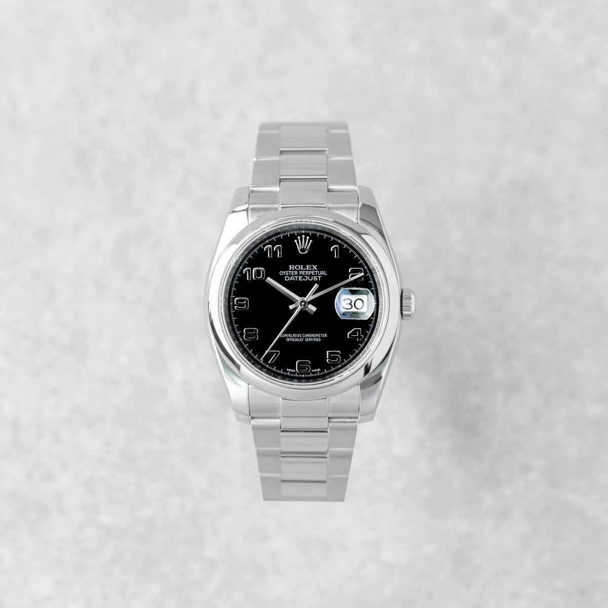 ROLEX DATEJUST 36 BLACK ARABIC DIAL 'ROULETTE DATE' REF: 116200