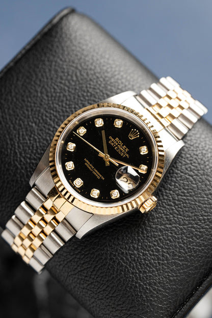 ROLEX DATEJUST 36 MOSTRADOR PRETO DIAMANTES REF: 16233 (2001)