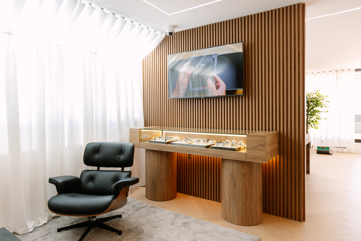 The display wall and seating at the Midnight Watches showroom