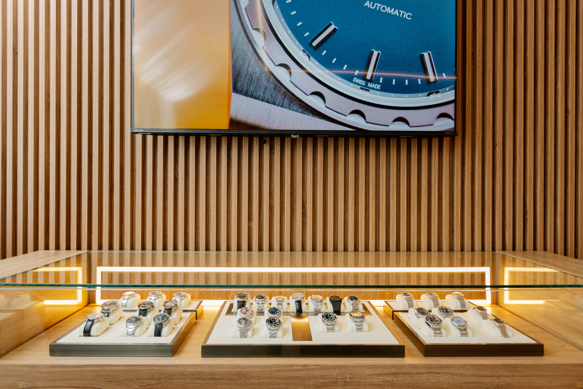 Watches presented in the showroom display case