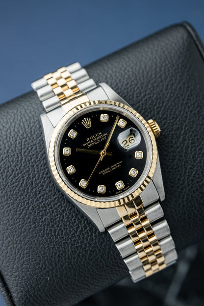 ROLEX DATEJUST 36 MOSTRADOR PRETO DIAMANTES REF: 16233 (1996)