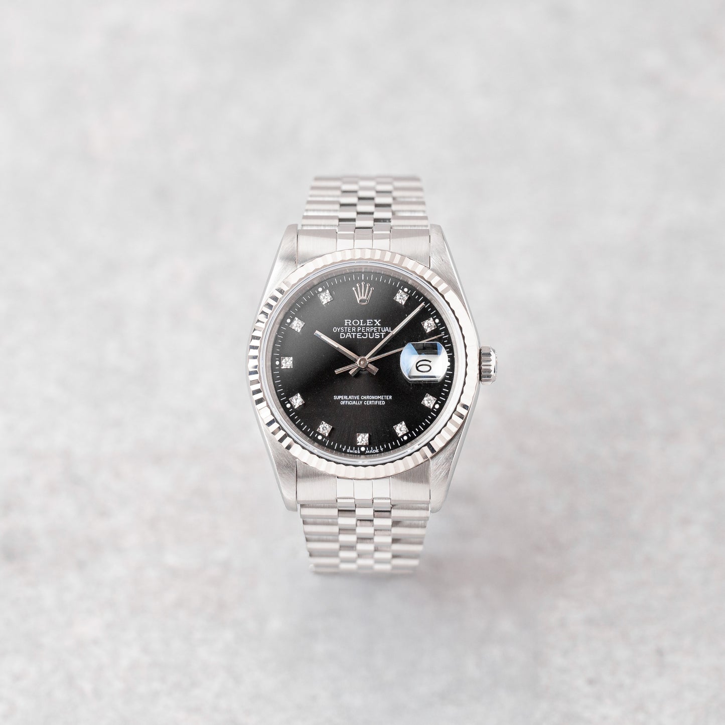 ROLEX DATEJUST 36 BLACK DIAL DIAMONDS REF: 16234 (1992)