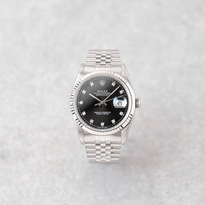ROLEX DATEJUST 36 BLACK DIAL DIAMONDS REF: 16234 (1992)