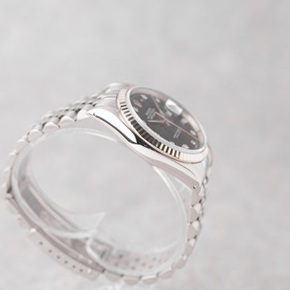 ROLEX DATEJUST 36 BLACK DIAL DIAMONDS REF: 16234 (1992)