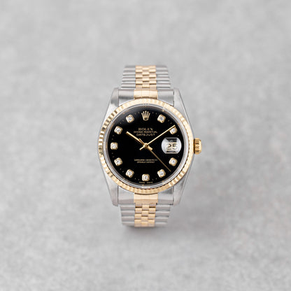 ROLEX DATEJUST 36 MOSTRADOR PRETO DIAMANTES REF: 16233 (1996)
