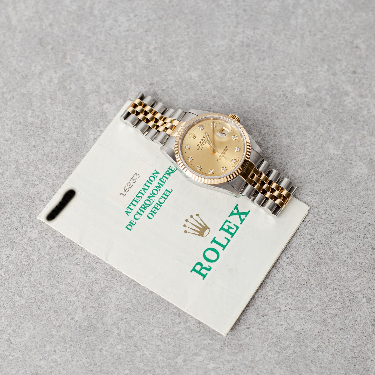 ROLEX DATEJUST 36 DIAL DE DIAMANTE CHAMPANHE REF: 16233 (1996)