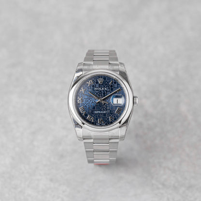 ROLEX DATEJUST 36 BLUE ROMAN DIAL REF: 116200 (NOS/STICKERS)